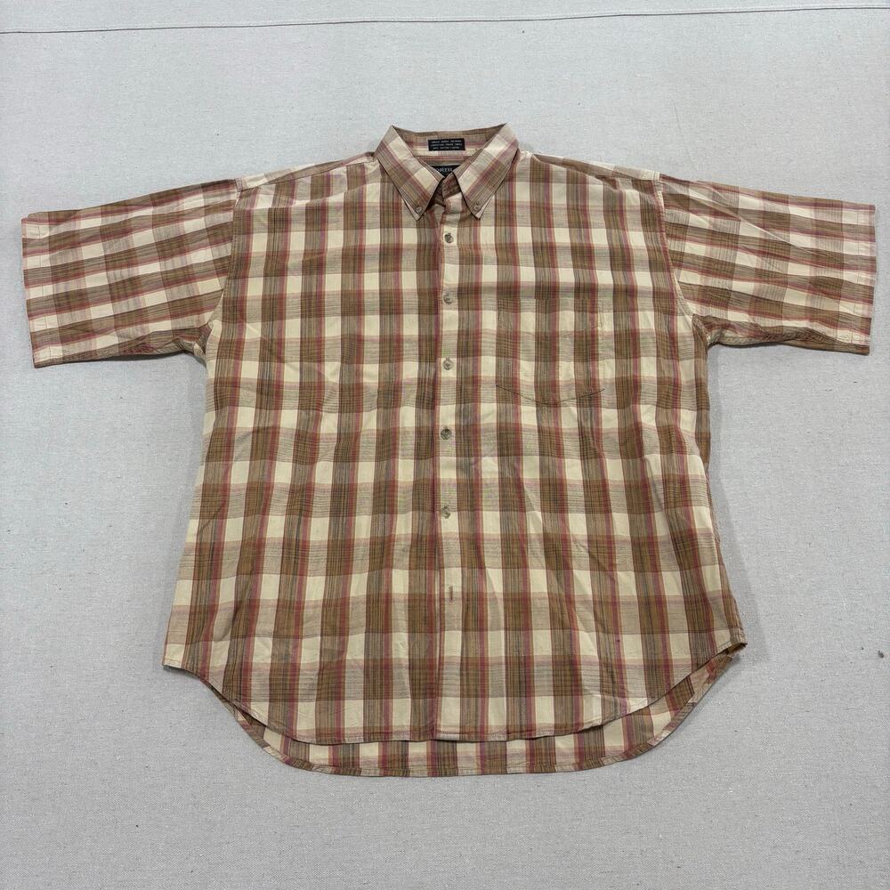 Vintage 90s Y2K Plaid Button Up Tan Red North 44 Single Stitch 2-ply 100% Cotton